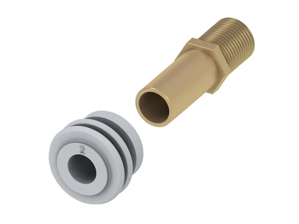 TECE-Einlaufgarnitur für Urinal, bestehend aus einem Metallanschlussstück und einer Dichtung aus Kunststoff, die für den Einsatz in Sanitäranlagen konzipiert ist.